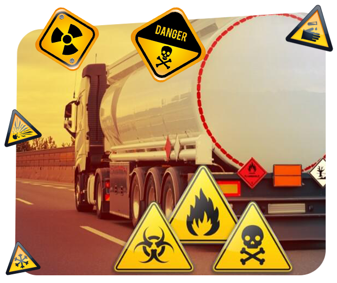 Imagem de um caminhão e de placas representando transporte de produtos perigosos